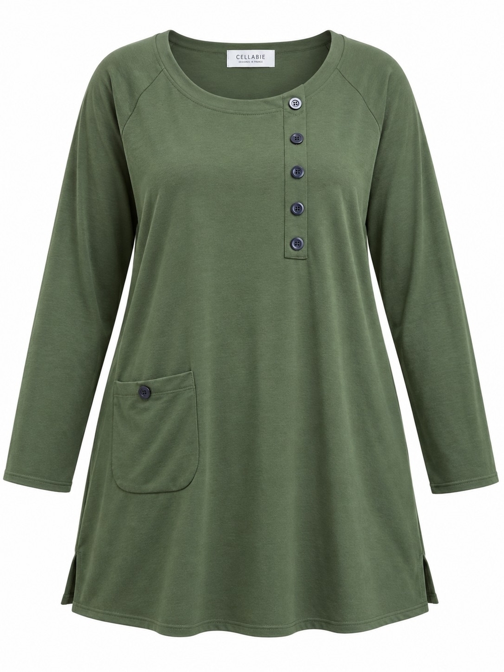 CELLABIE | Olive Green Art to Wear Lagenlook Tunic Offset Buttons Pocket | 3X